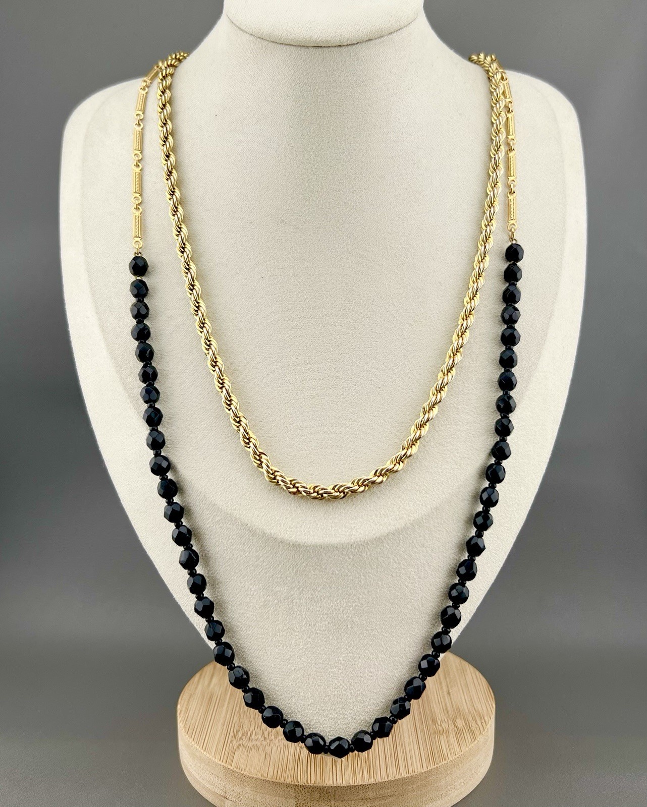 Vintage Rope Chain Black Beaded Necklace Lot of 2 Gold Tone 23” 28”