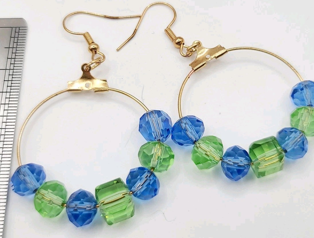 Handmade Glass Bead Hoop Earrings Blue Green Gold Tone Dangle Boho Lightweight