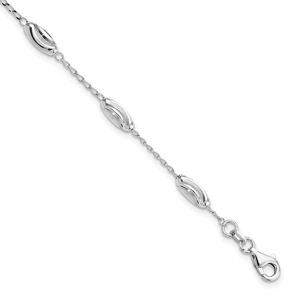 Sterling Silver Rhodium-plated Diamond-cut Oval Beads Bracelet 7″