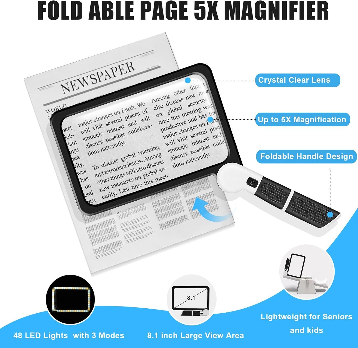 Large Magnifying Glass With 48 LED Light Dimmable 5X Reading Foldable Magnifier