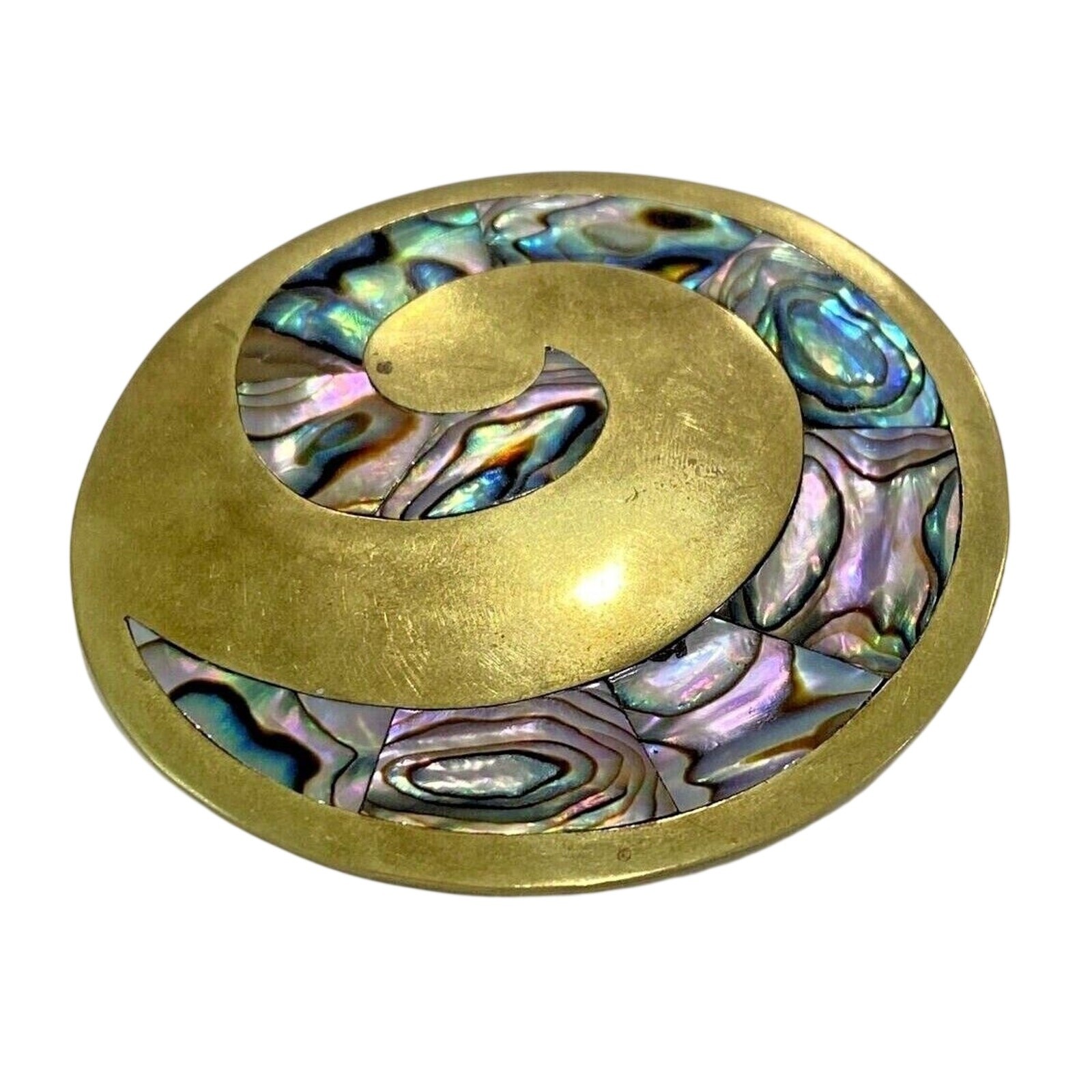 Modern Art Brooch Pendant Brass swirl & abalone shell Boho statement jewelry