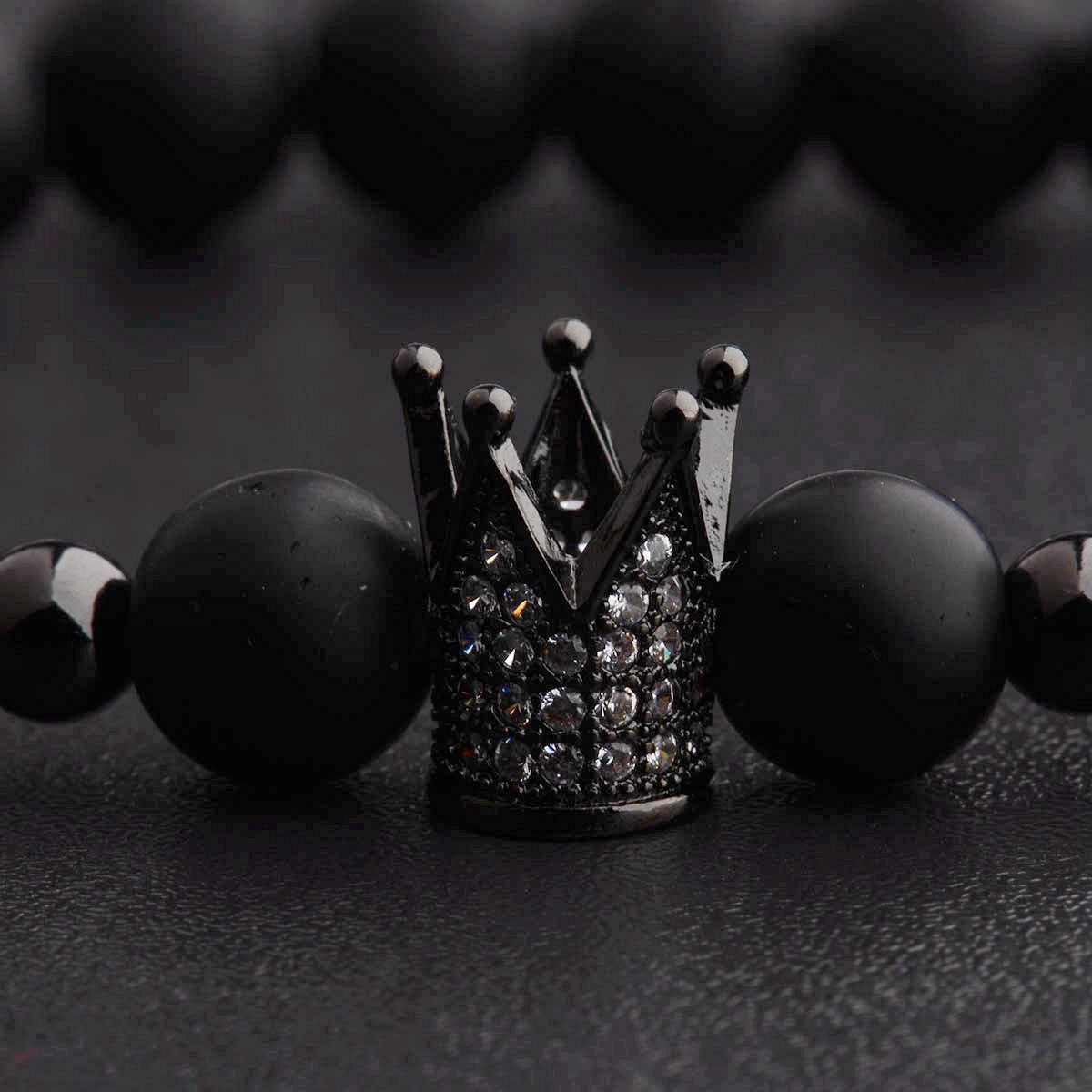 8MM Crown Natural Stone Matte Black Charm Men’s CZ Copper Bead Chuck Bracelet