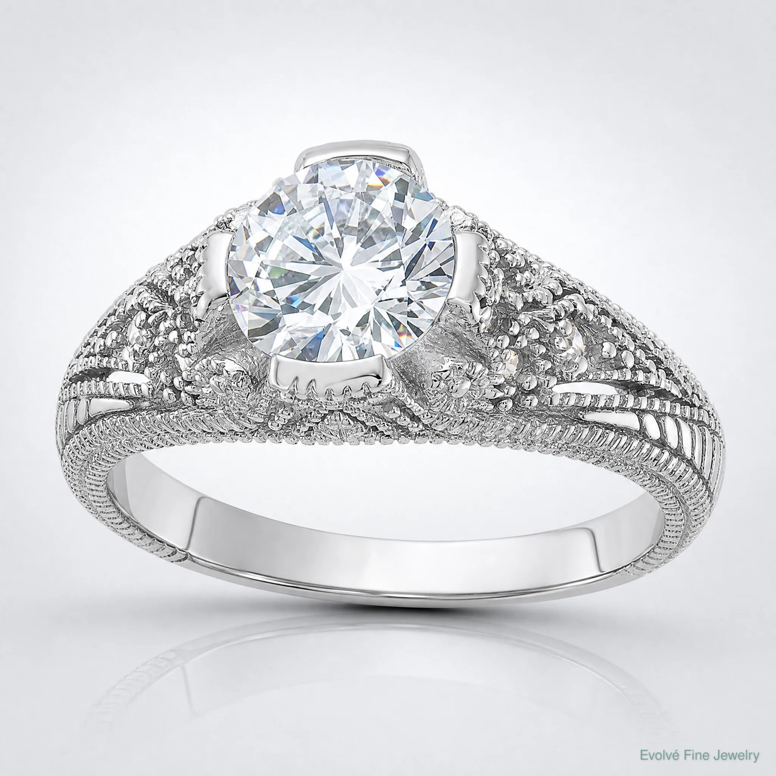 Sterling Silver Rhodium-Plated CZ Antique Style Ring
