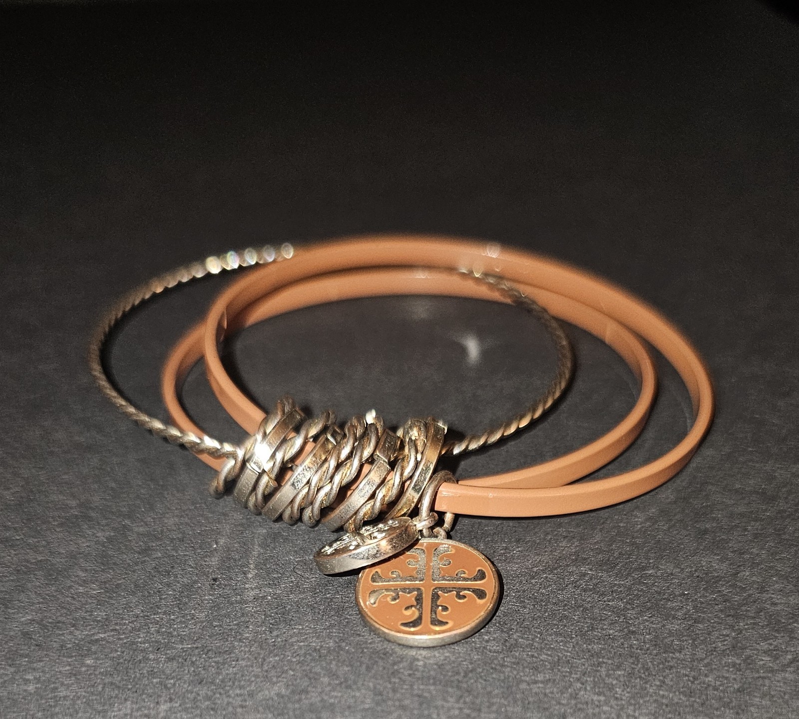 Brown Leather Wire Bangle Cuff Bracelet w/ Round Cross Dangle Charms