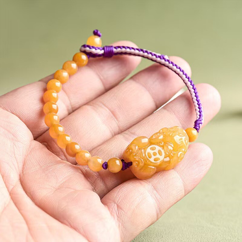 Real Grade A 100% Natural Yellow Jade Lucky PixiuBeads Bracelet 5.9-7.9inch