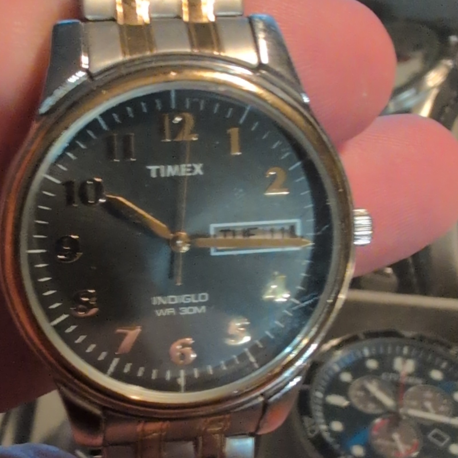 Timex Indiglo Quartz Analog Wristwatch Black Dial Day/Date 30m Two-Tone