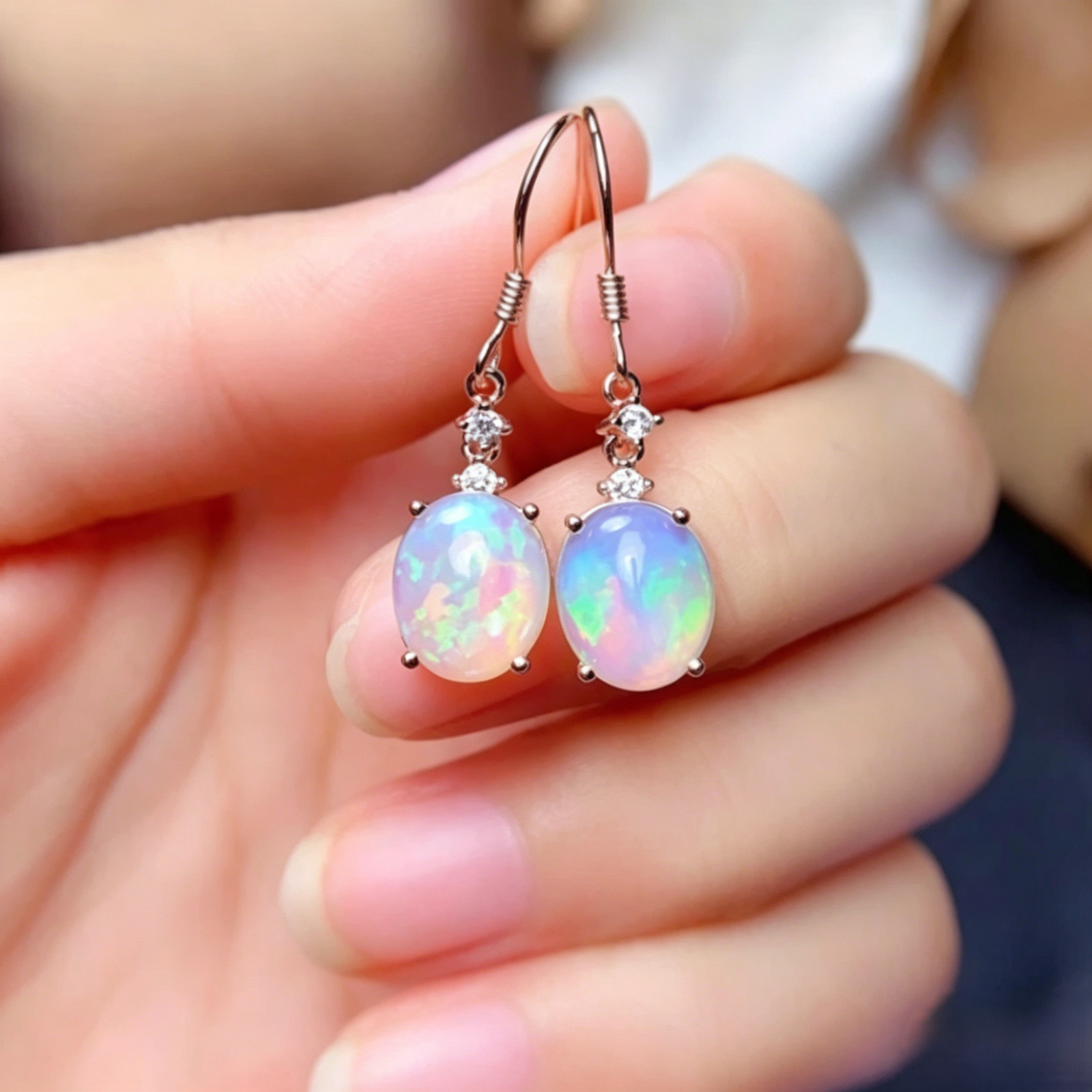 White Opal Dangle Earrings – Sterling Silver Plated Oval Fire Opal Drop Earrings