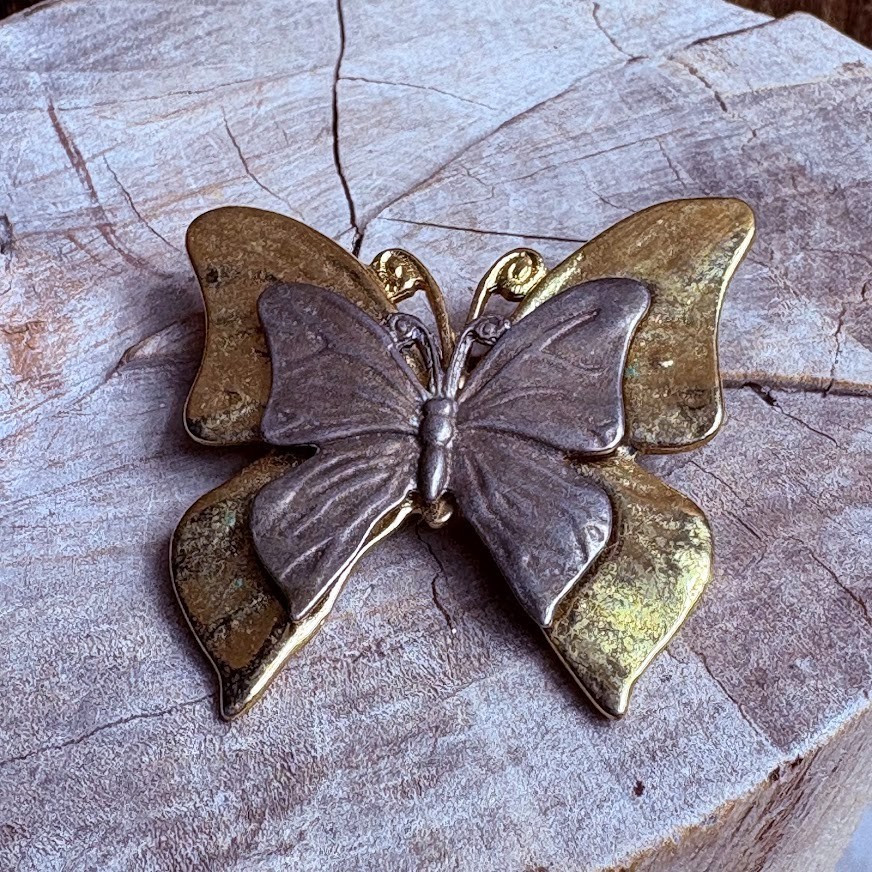 Vintage Premier Design Mixed Metals Butterfly Brooch Signed