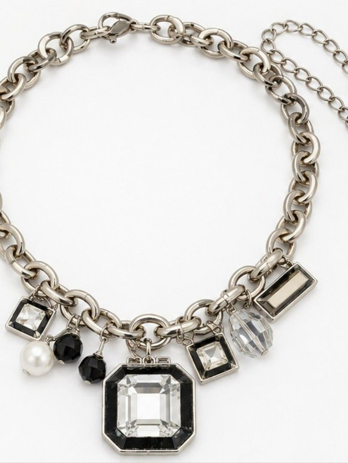 White House Black Market Crystal Statement Necklace Silver Tone Charm Collar WHB