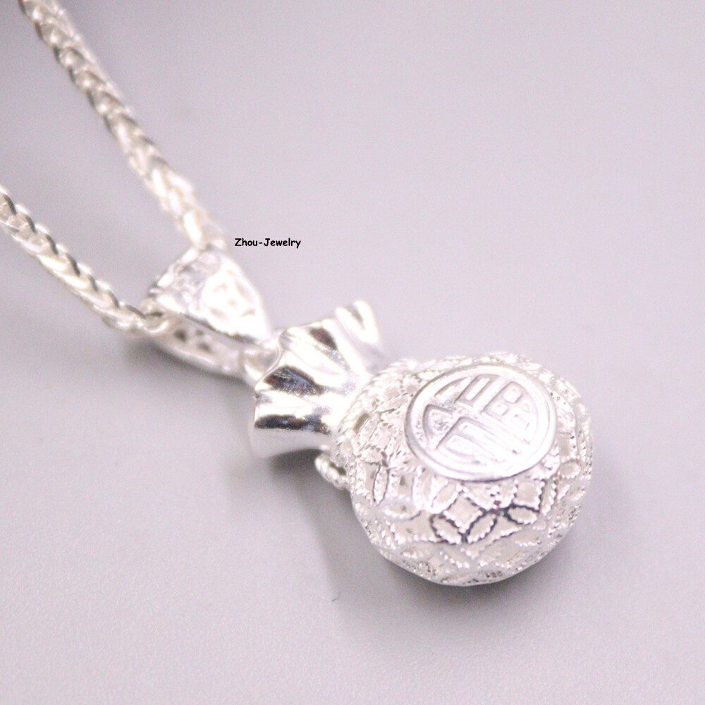 Pure S999 Fine Silver 999 Men Women Lucky Fu Bag Pendant 38*14mm