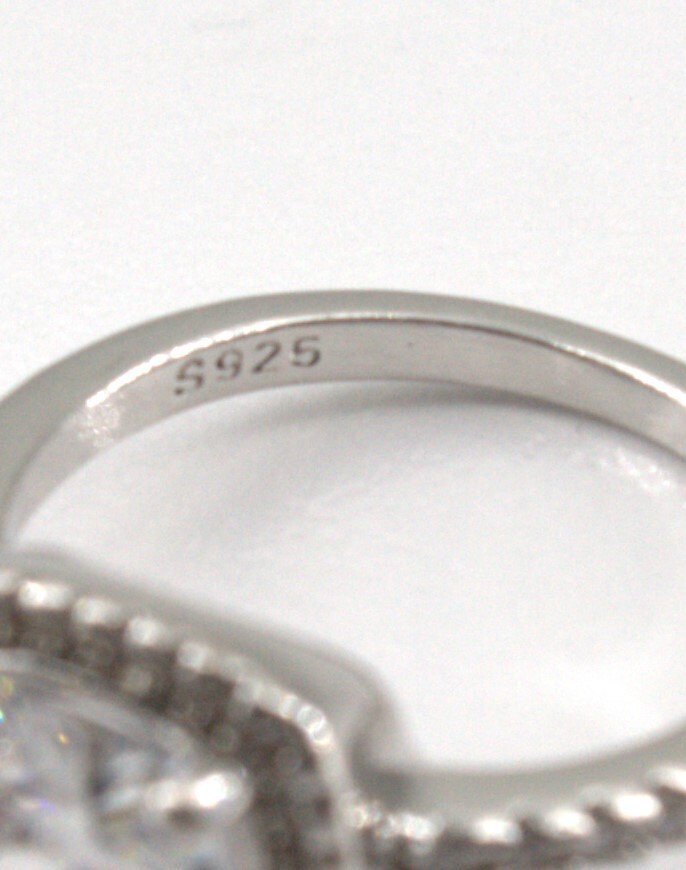 Sterling Silver Ring Cushion Cut Solitaire with Accents Cubic Zirconia Signed S