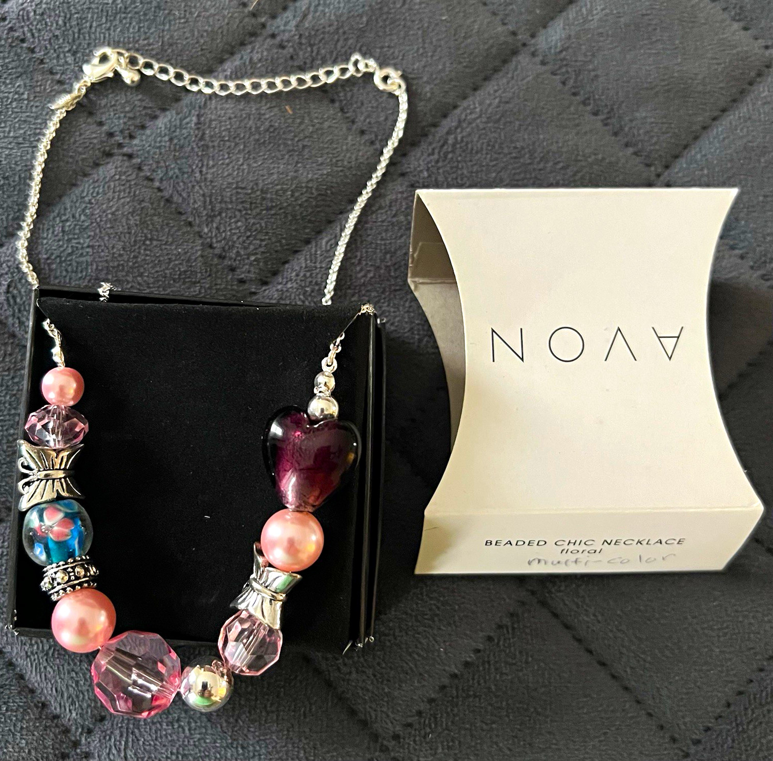 Avon Silver Plated Beaded Pink Heart Crystal Charm Pendant Cable Necklace