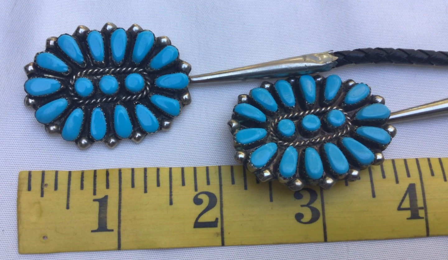 Vintage Native American BOLO TIE Silver & Cluster Turquoise Stones Zuni UNMARKED