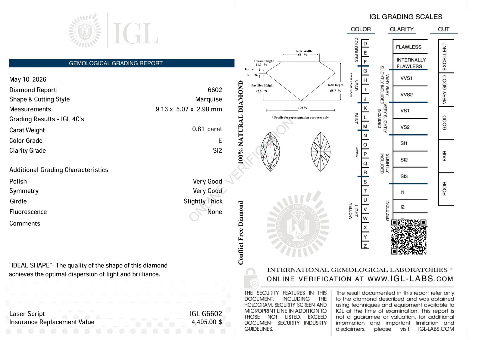 Certified 0.81 Carat E SI2 Marquise Natural EARTH MINED Loose Diamond 9.13×5.07m