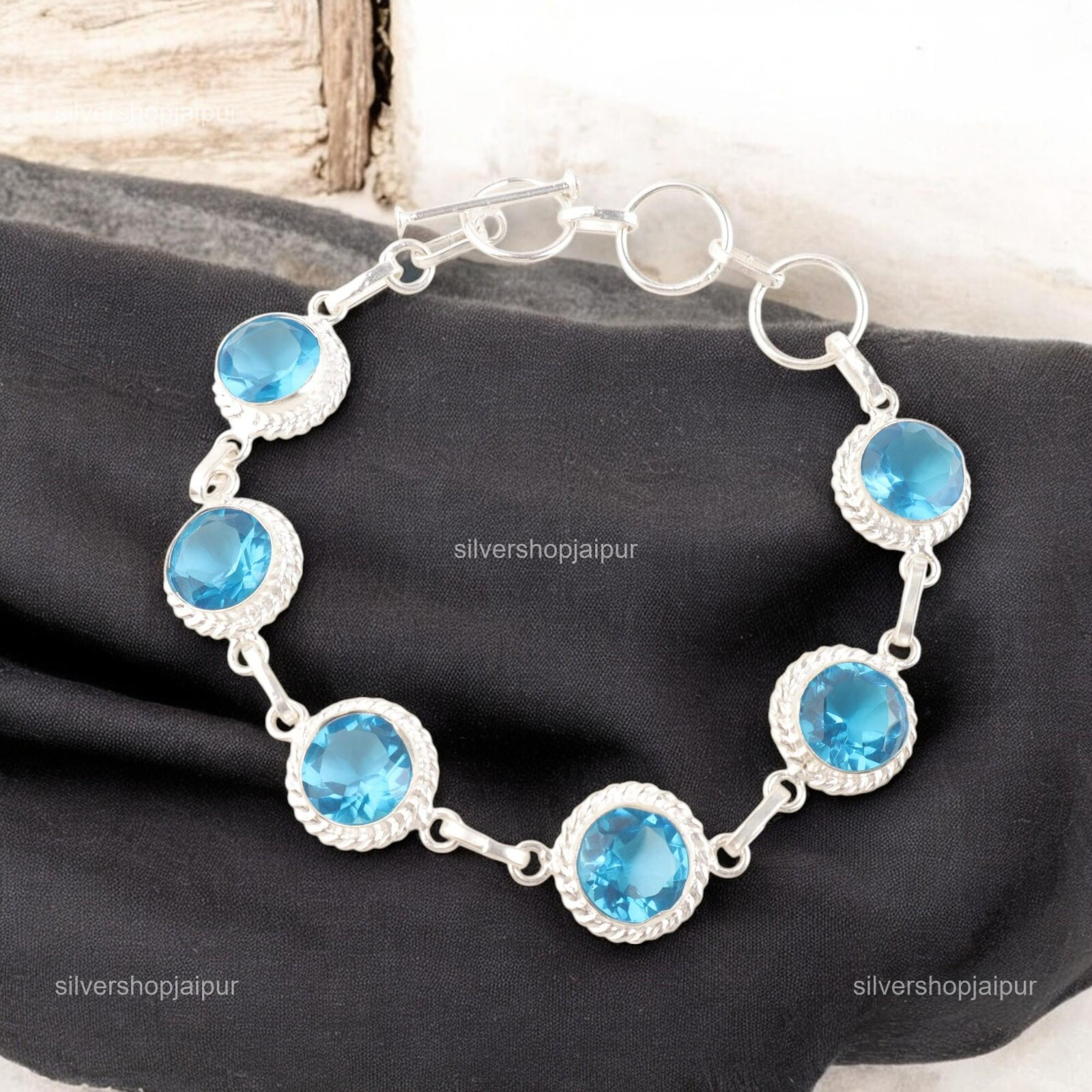 925 Silver Swiss Blue Topaz Gemstone Womens day Artisan Chain Bracelet Jewelry