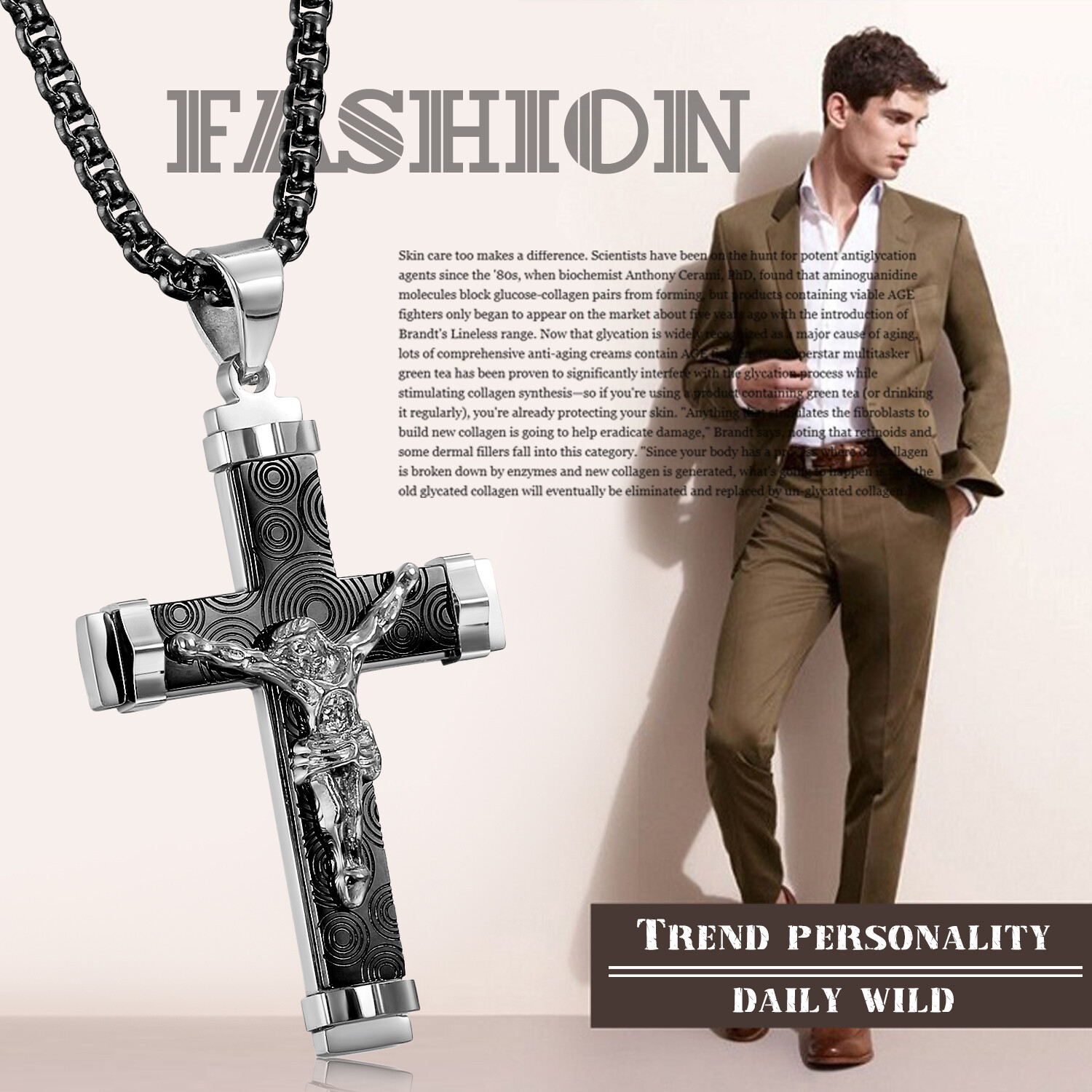 Men’s Silver Plated Christ Jesus Cross Crucifix Stainless Steel Pendant Necklace