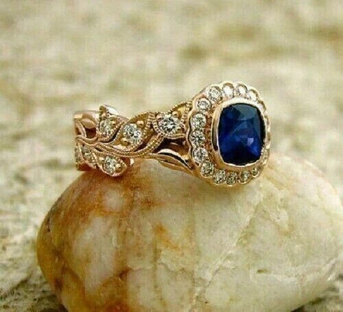 2.00 Ct Cushion Cut Natural Sapphire & Diamond Wedding Ring 14K Yellow Gold