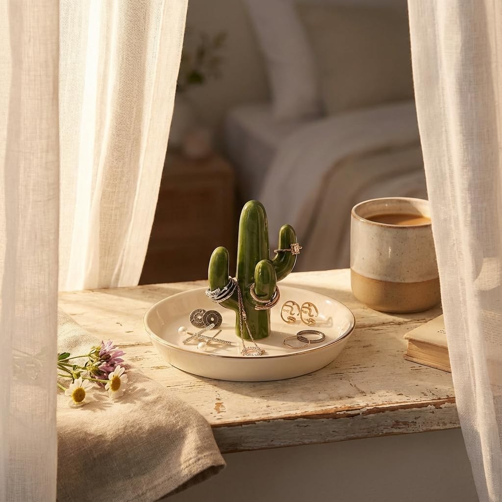 Ceramic Cactus Jewelry Holder & Ring Dish – Succulent Decor for Vanity & Sink, C