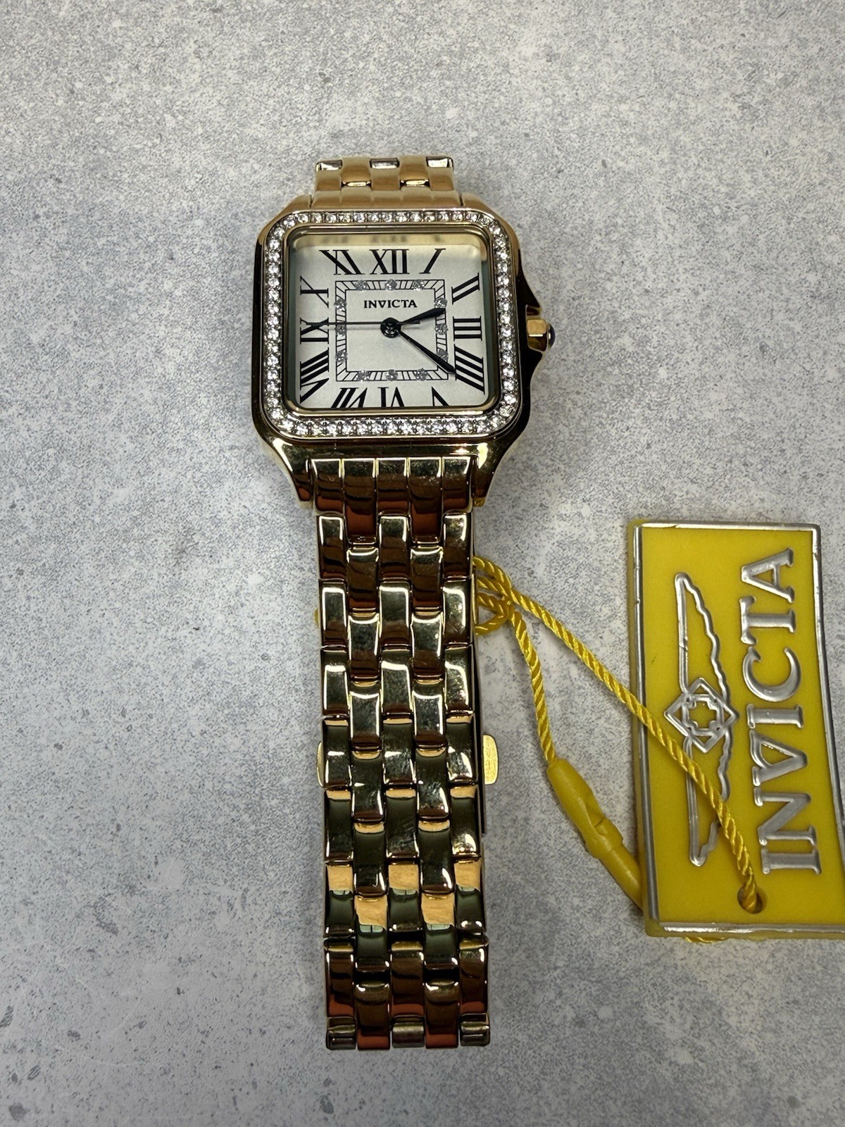Invicta Angel Gold Crystal Bezel Rectangular White Roman Dial Watch 28mm