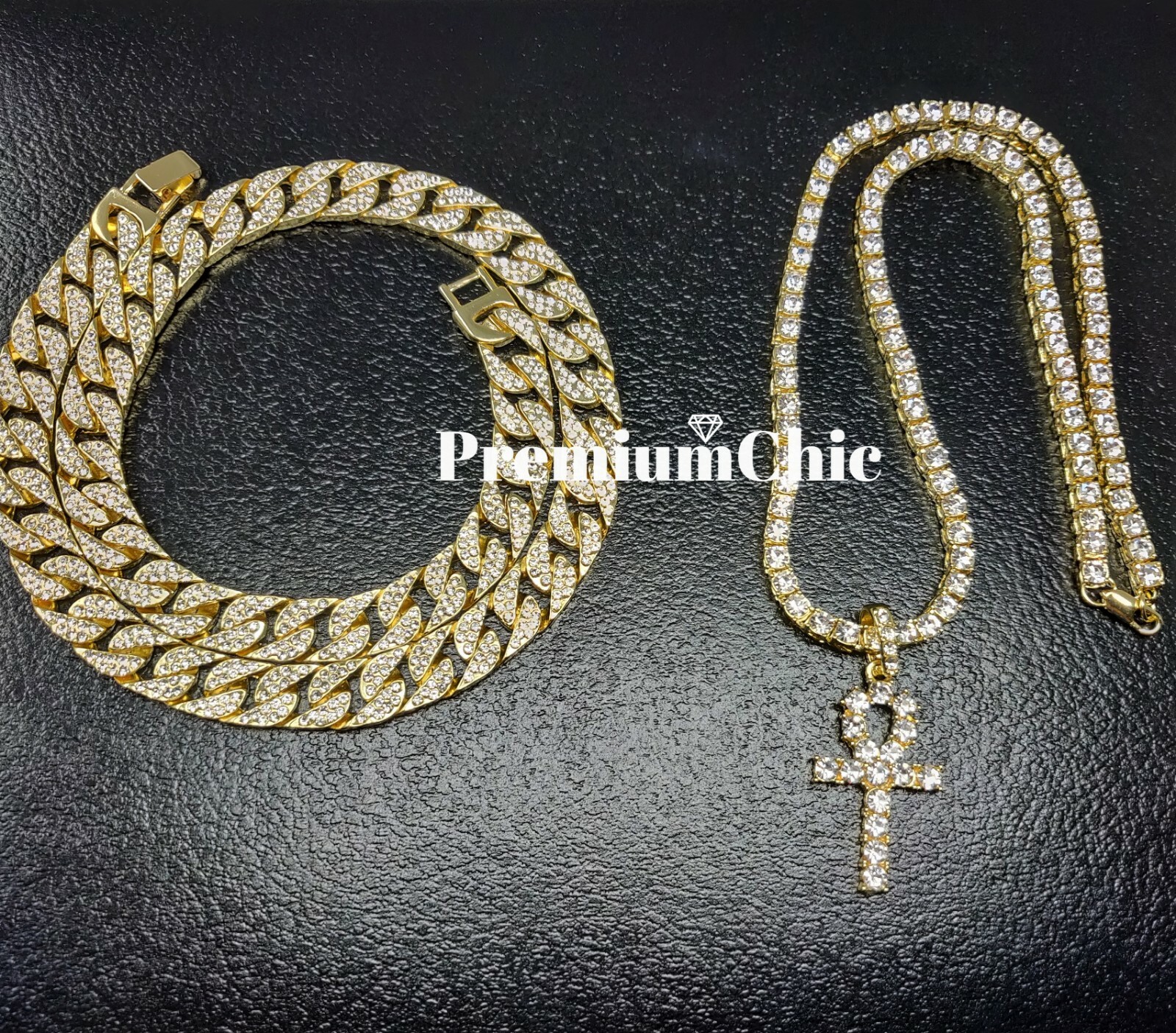 3pc Combo, ANKH Pendant + Tennis Chain + Cuban Choker Gold Plated CZ Jewelry