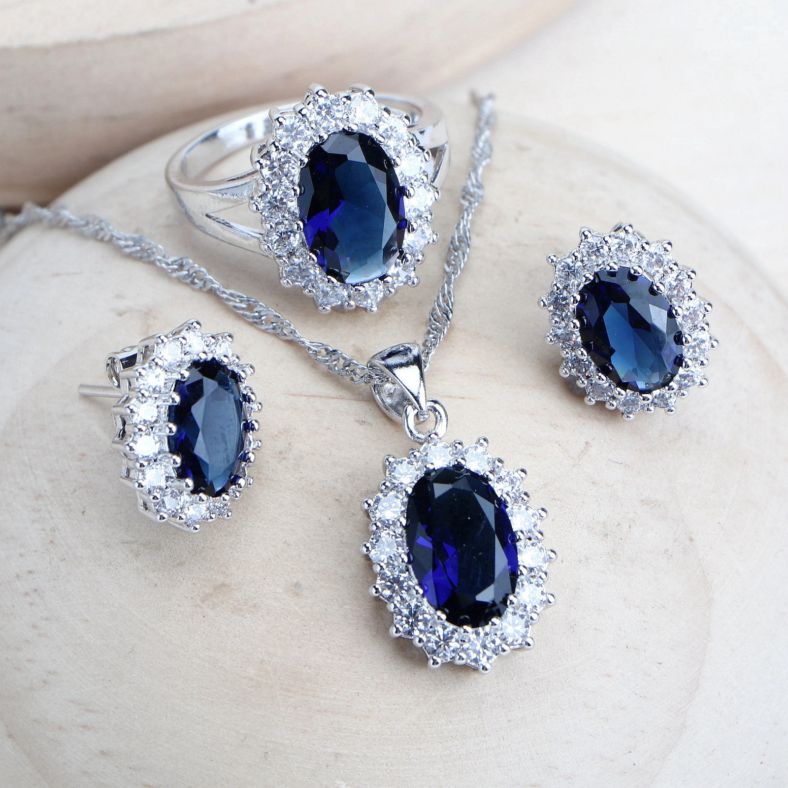 925 Silver Blue Zirconia Bridal Jewelry Set Necklace Earrings Ring Bracelet