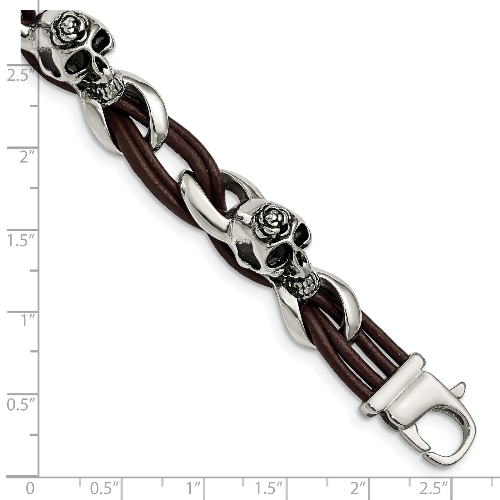 Chisel Stainless Steel Antiqued and Polished Skulls with Roses Brown Leather 8 i