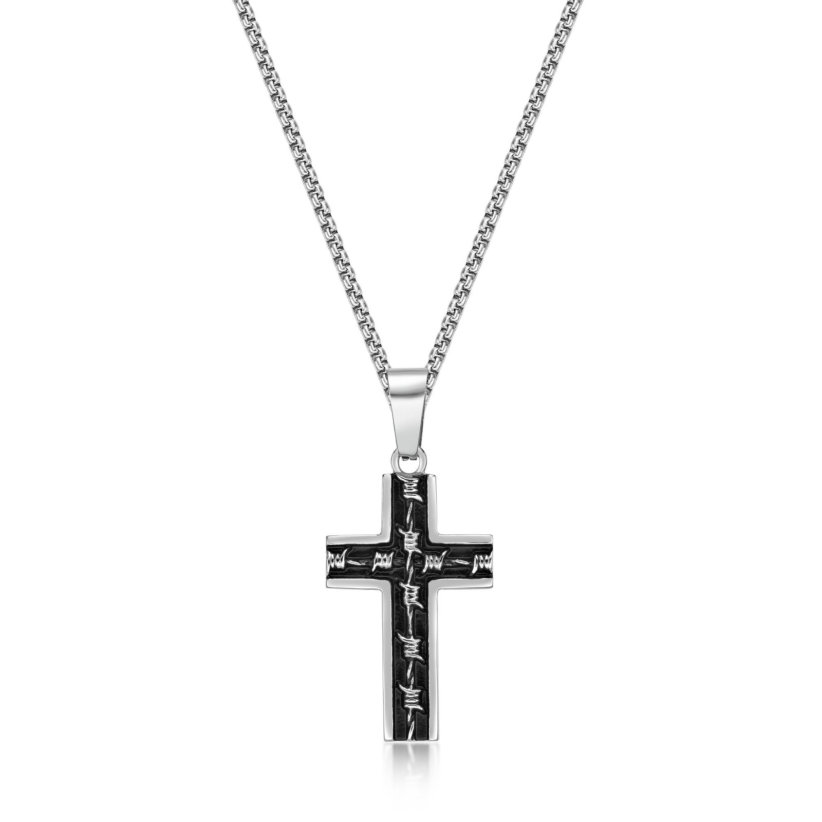 Black Ion Plated Stainless Steel Barbed Wire Cross Pendant – 24″ Round Box Chain