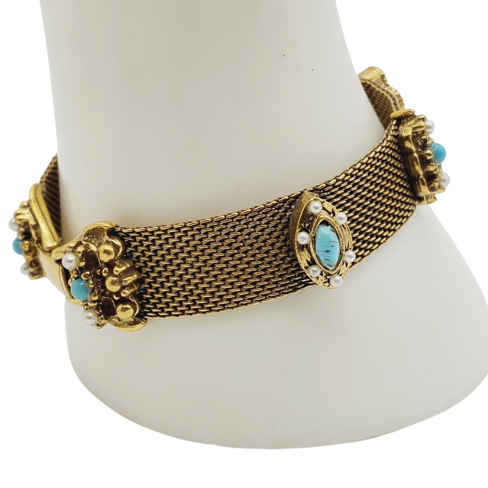 Vtg Goldette Gold Tone Victorian Revival Mesh Chain Bracelet Jeweled Blue Purple