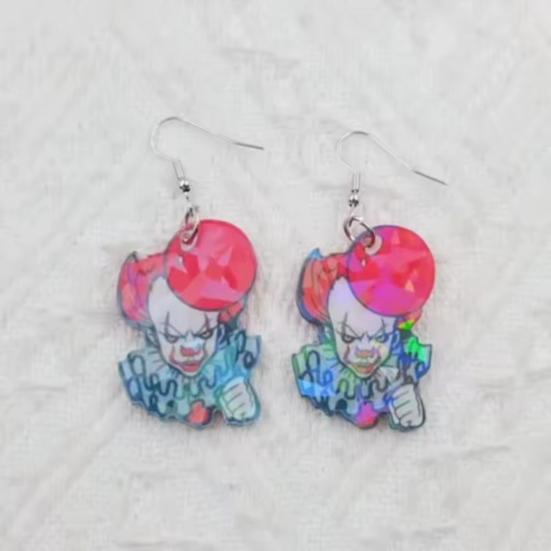 Women’s Fashion Halloween Jewelry Flat Acrylic Clown Penny Wise Earrings RE