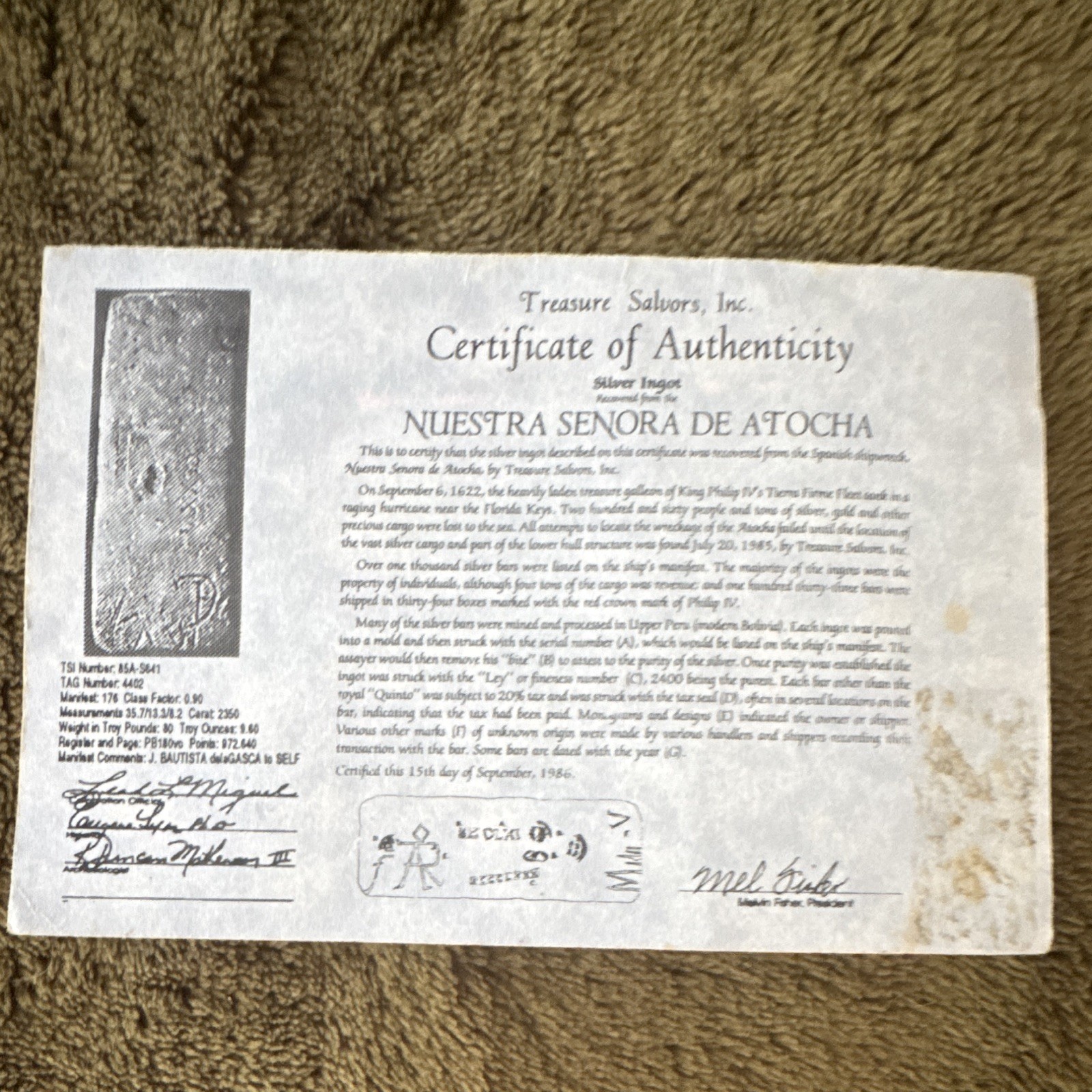 Treasure Salvors Atocha Shipwreck Silver Coin Pendant w/ COA Certificate
