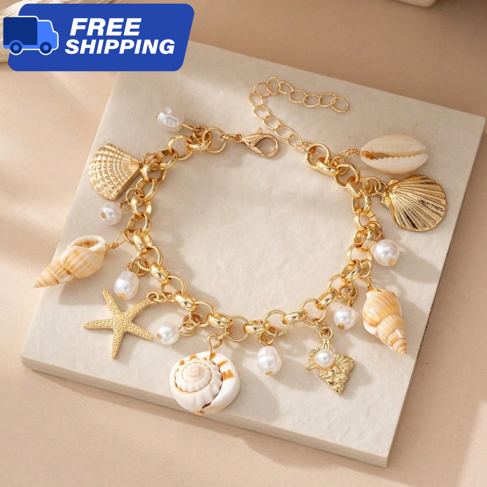 Starfish Seashell Pearls Bracelet Nautical Statement Jewelry Beach Charms Women