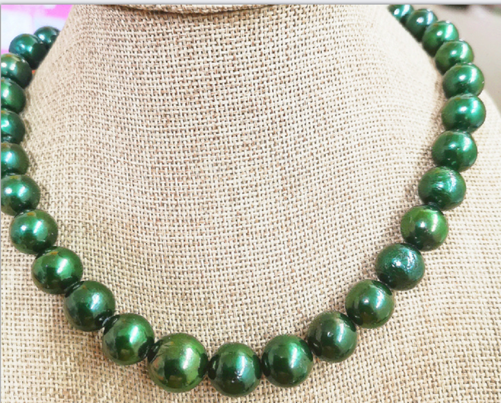 STUNNING HUGE 18″12-15MM SOUTH SEA GENUINE GREEN ROUND PEARL NECKLACE 5892AA