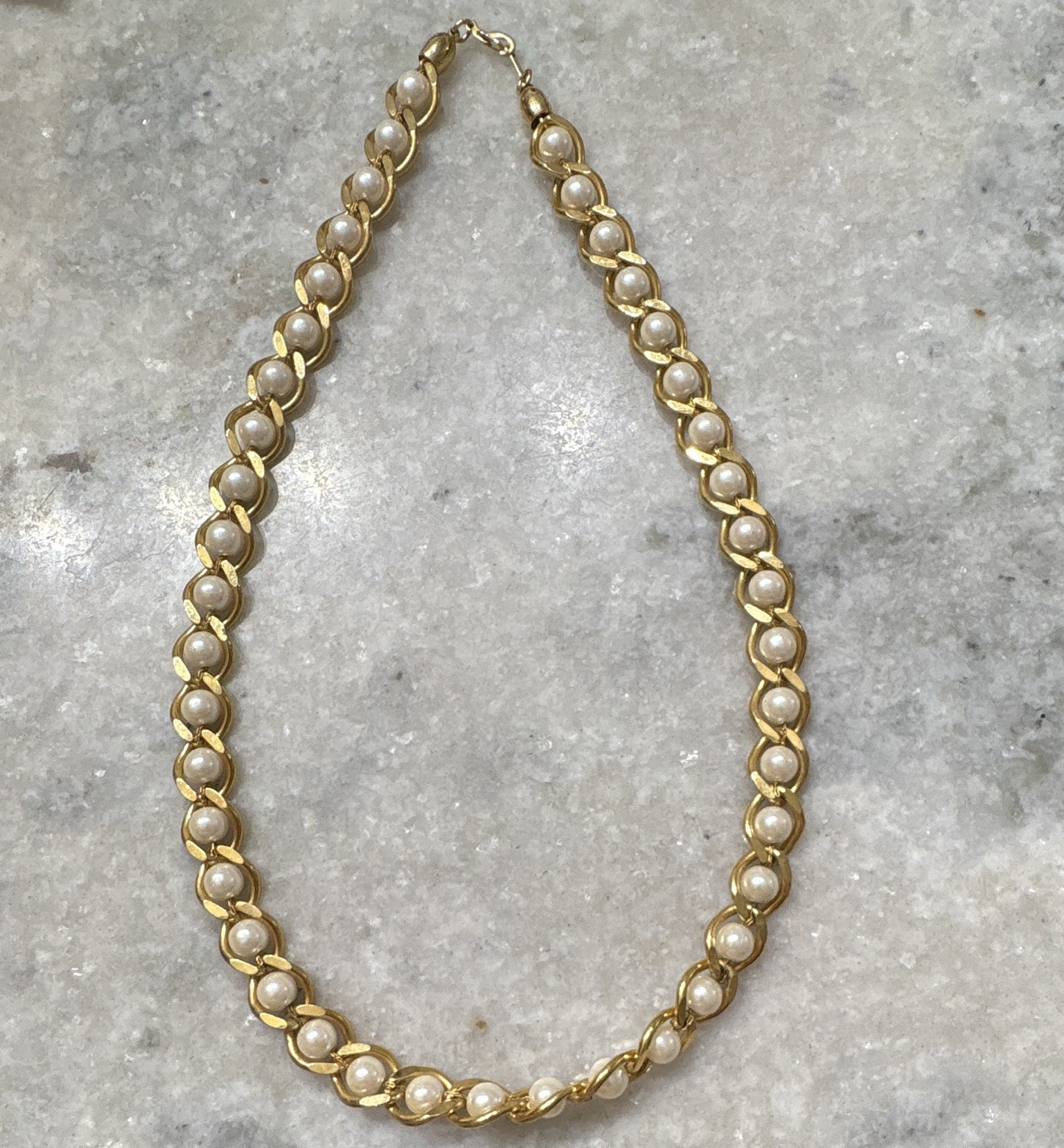 Gold Tone Pearl Link Chain Statement Necklace w/ Hook Closure, White