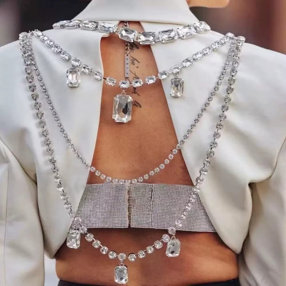 Luxury Crystal Back Necklace Body Chain Bridal Rhinestone Harness Wedding Silver