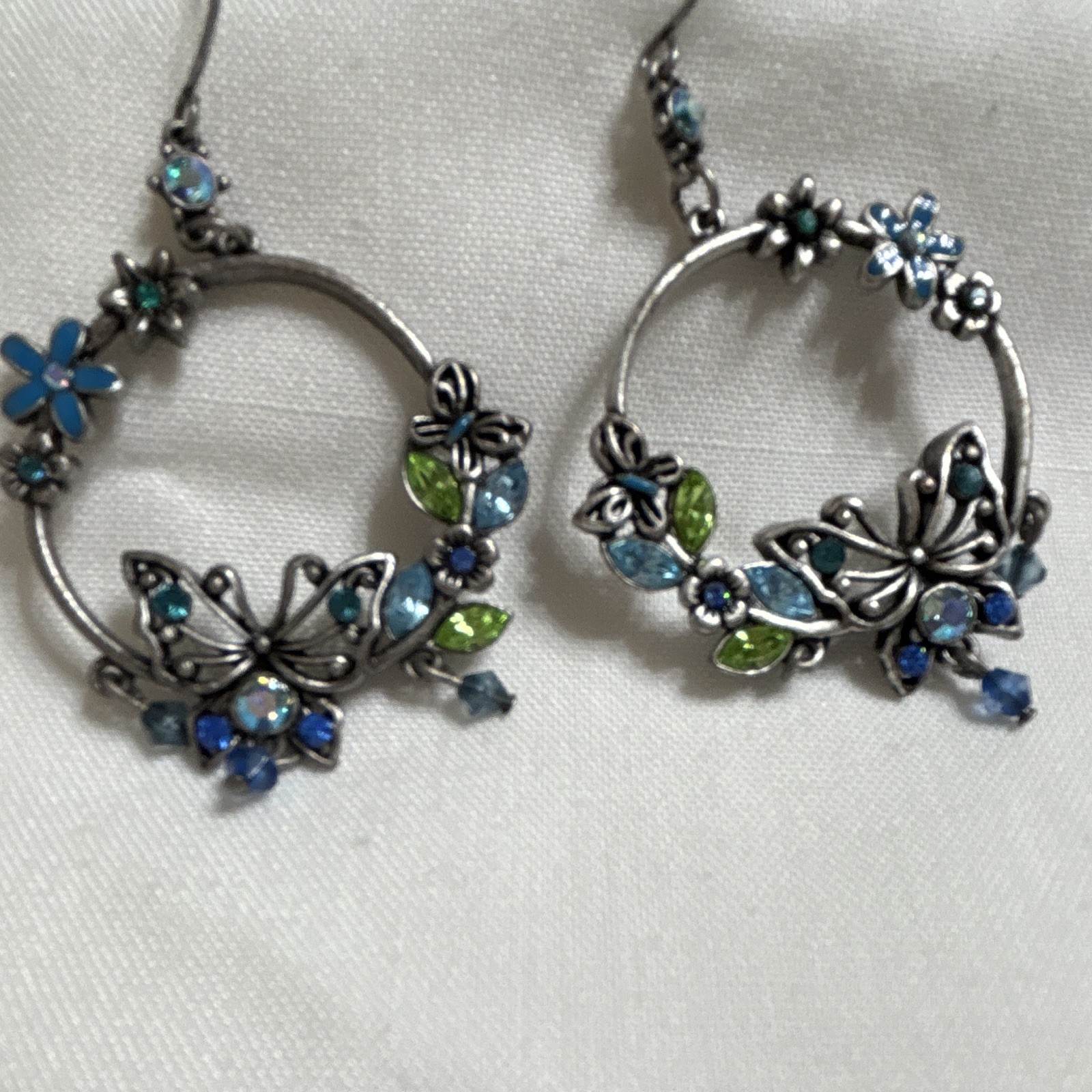 Silver Tone Butterfly Floral Hoop Dangle Hook Earrings Blue Green Crystals