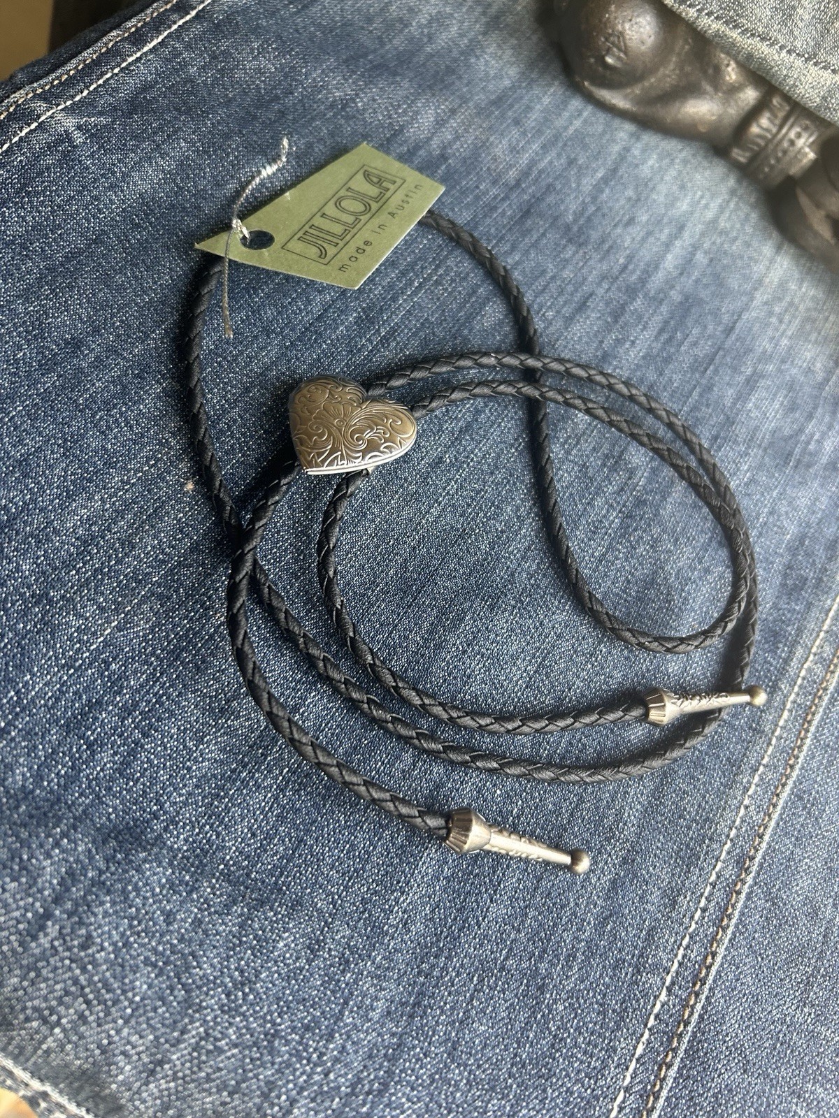 Silver Heart Locket Bolo Tie Black Leather Cord Handmade FREE SHIPPING