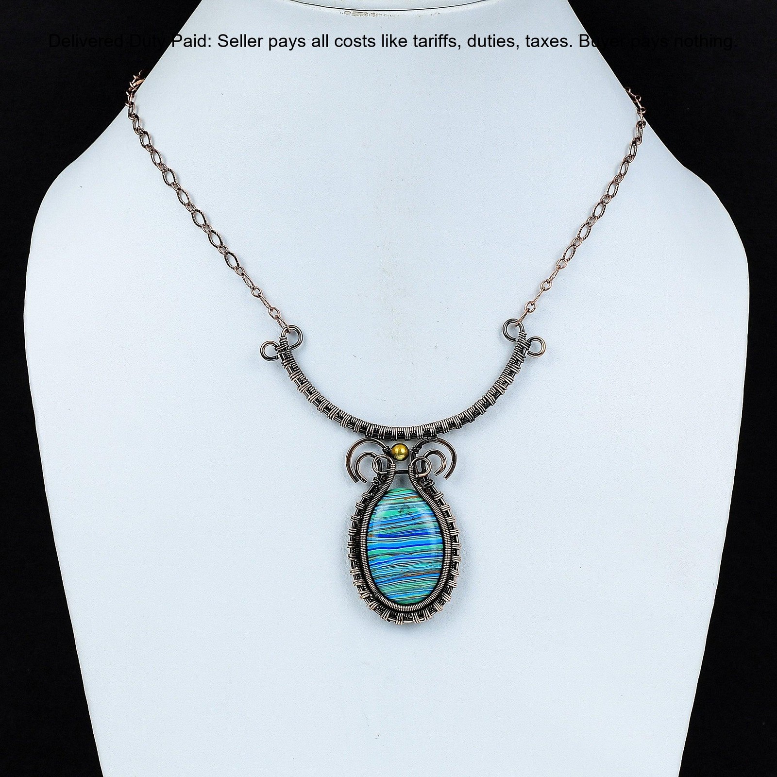 Copper Rainbow Calsilica Stone Chain Wire Wrapped Engagement Necklace Jewelry