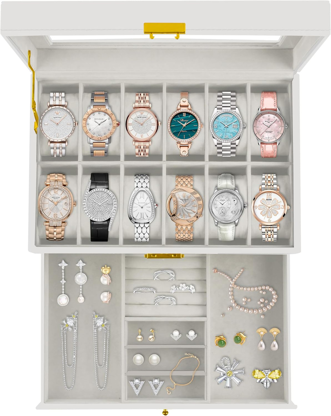 Watch Storage Box with Glass Lid 12 Slots Leather Jewelry Organizer for Men