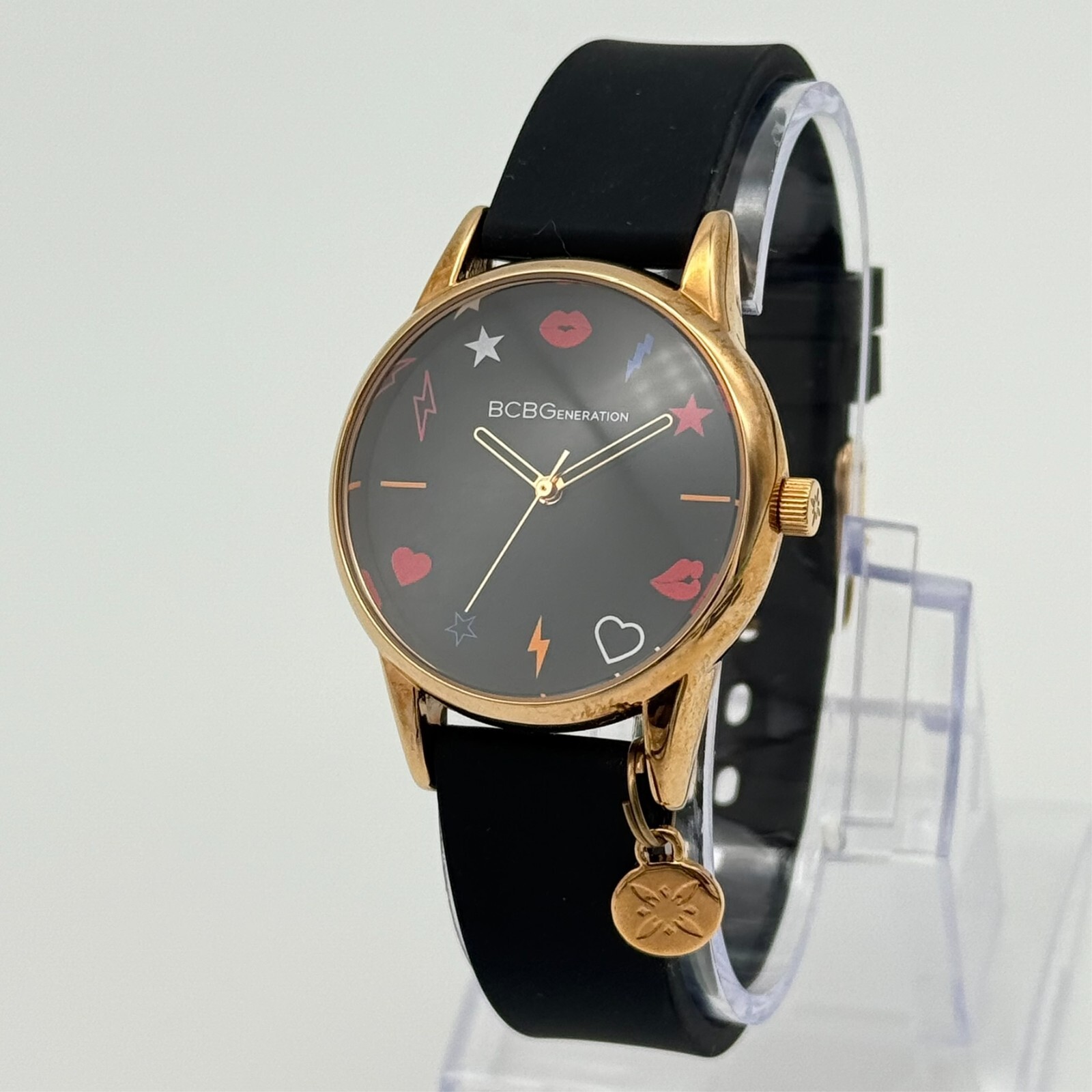 Ladies BCBGeneration Rose Gold Tone, Black Silicone Band Analog Watch, BCBG 33mm