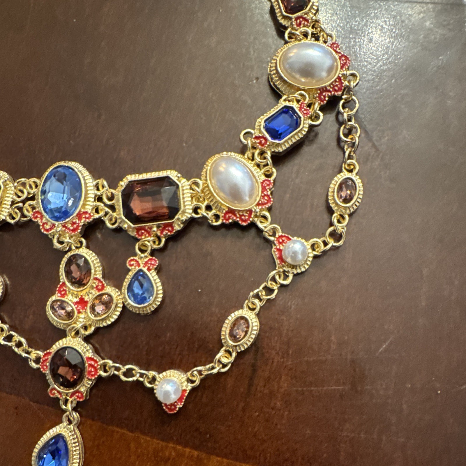 Gold Tone Statement Multi-Strand Necklace Simulated Pearls Crystal Teardrop