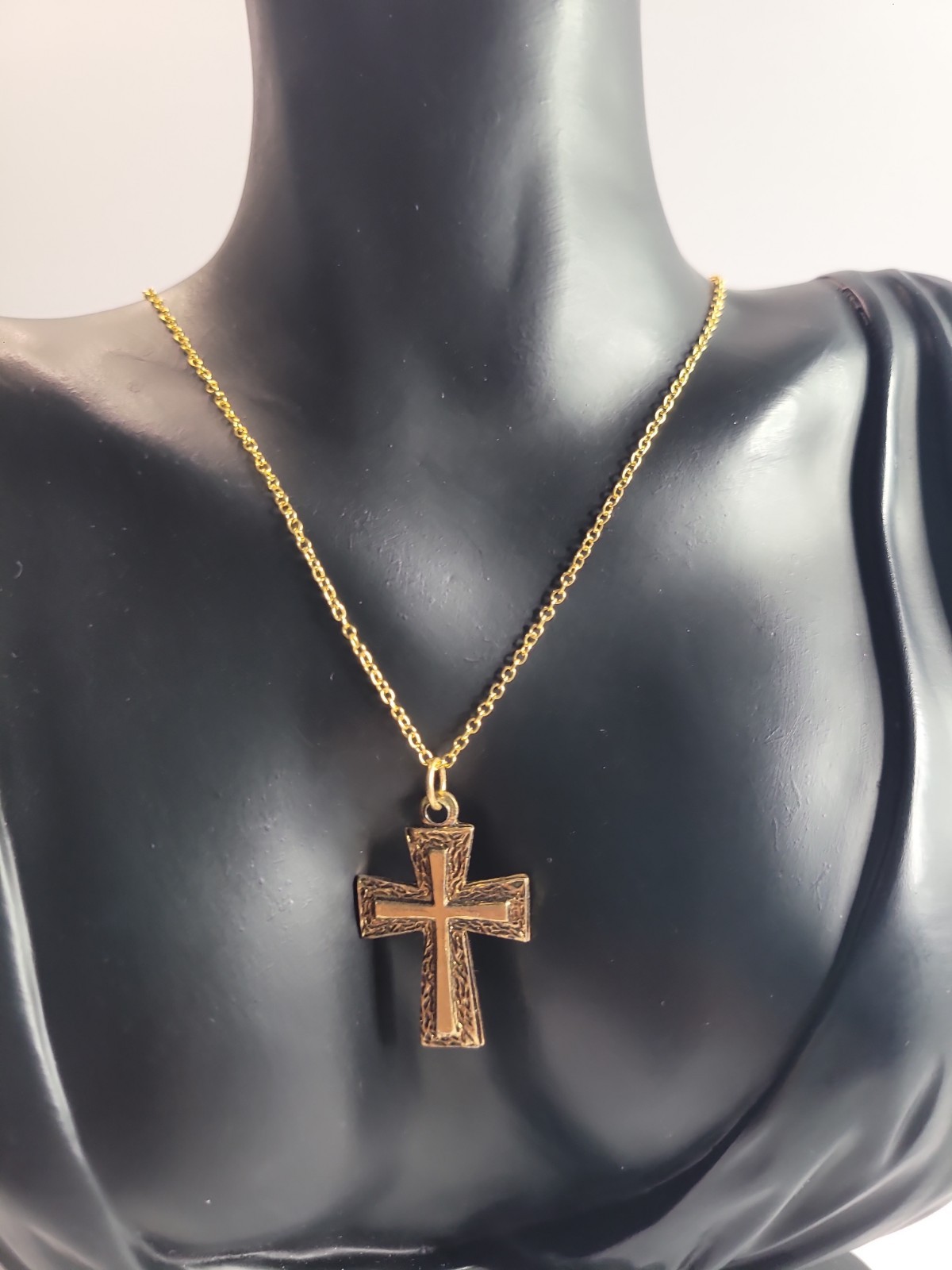 Gold Tone Textured Cross Pendant Necklace Religious Christian Jewelry