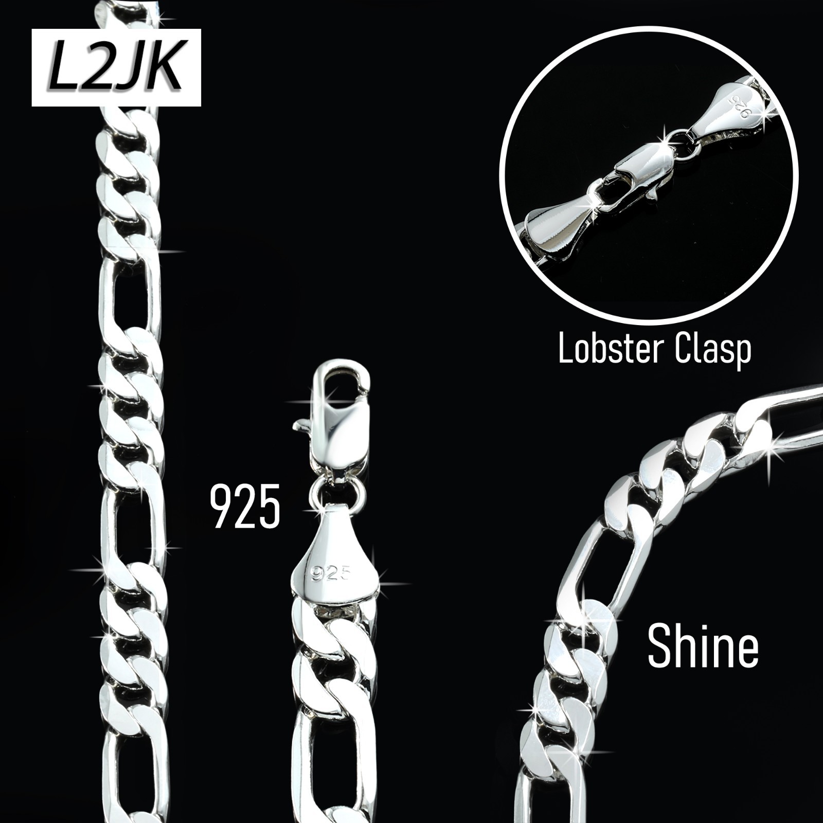 Figaro Chain 925 Silver Plated 5, 6, 7, 8, 9, 10, 11, 12mm – 24″ & 30″ Men Women