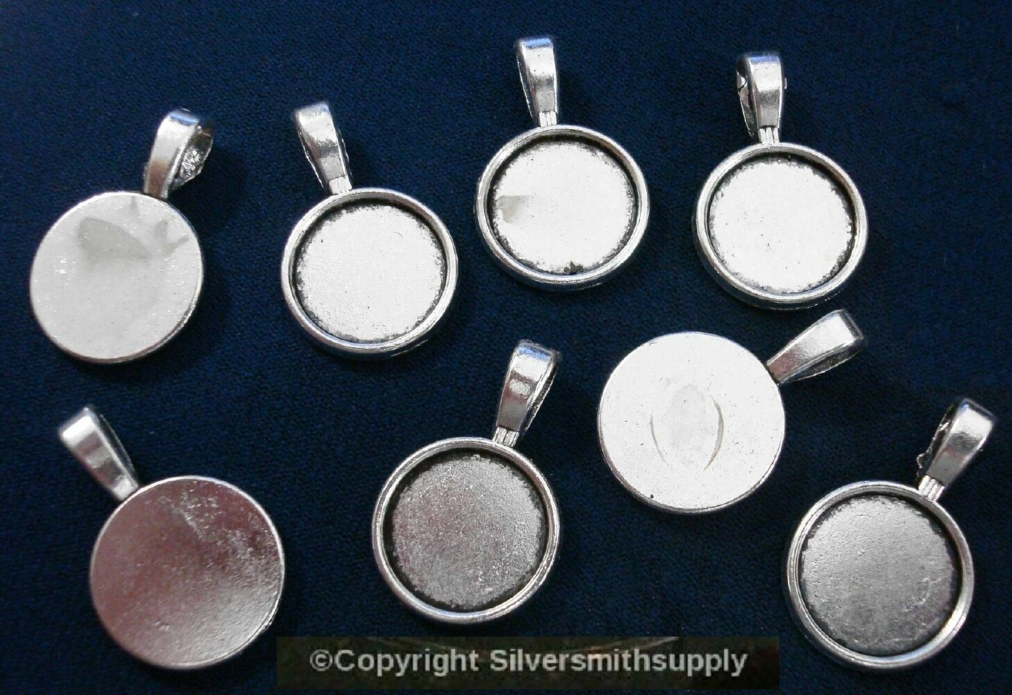 8 Bezel cup tray settings Silver plt holds 14mm cabochon bailed pendants fpe172