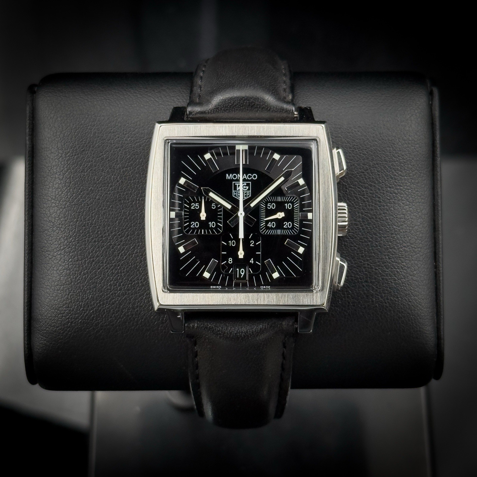Tag Heuer MONACO Black Dial Chronograph CW2111 Stainless Steel Leather Strap