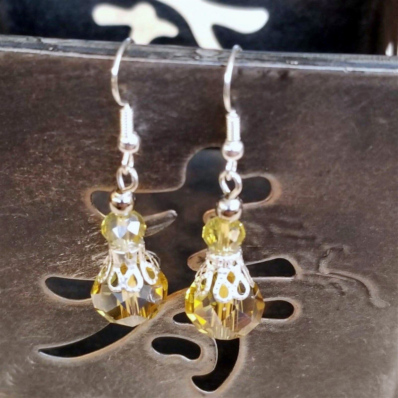 Victorian Champagne Crystal Silver Filigree Basket Handcrafted Earrings