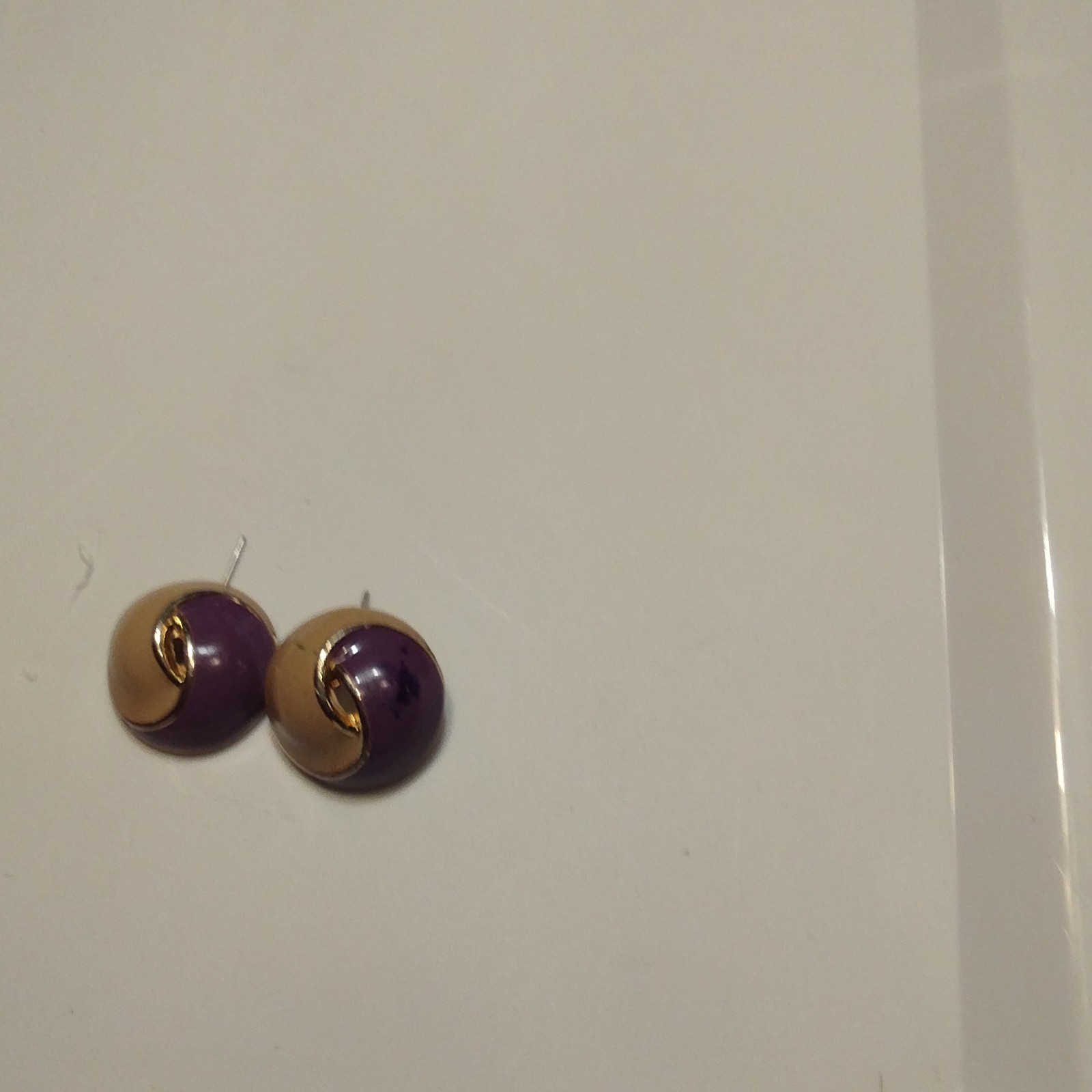 Purple & Gold Tone Round Stud Earrings, Butterfly Closure, No Stone