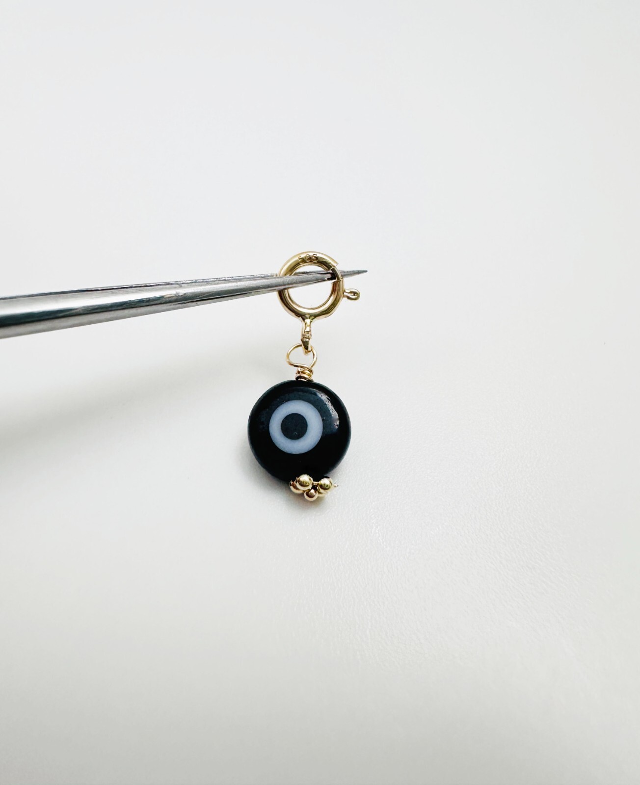 14K Solid Yellow Gold Millefiori Glass Black Evil Eye Charm Pendant Spring Clasp