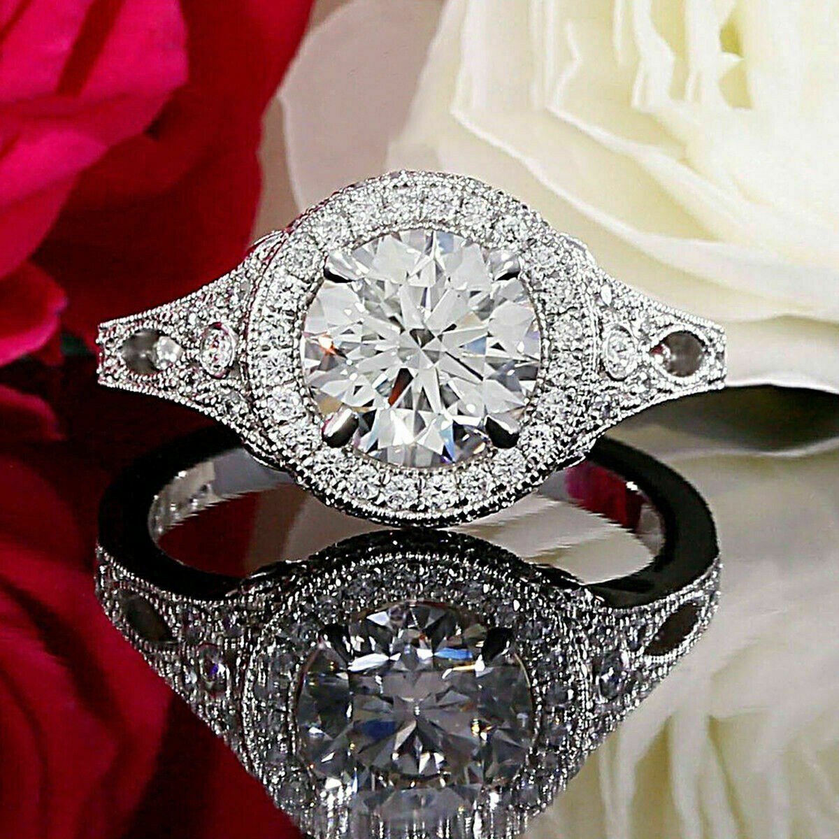 3Ct Round Simulated Diamond Round Flower Engagement Ring 14k White Gold Plated
