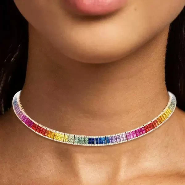 50Ct Princess Cut Multicolor Lab Created Sapphire Rainbow Necklace 925 Silver