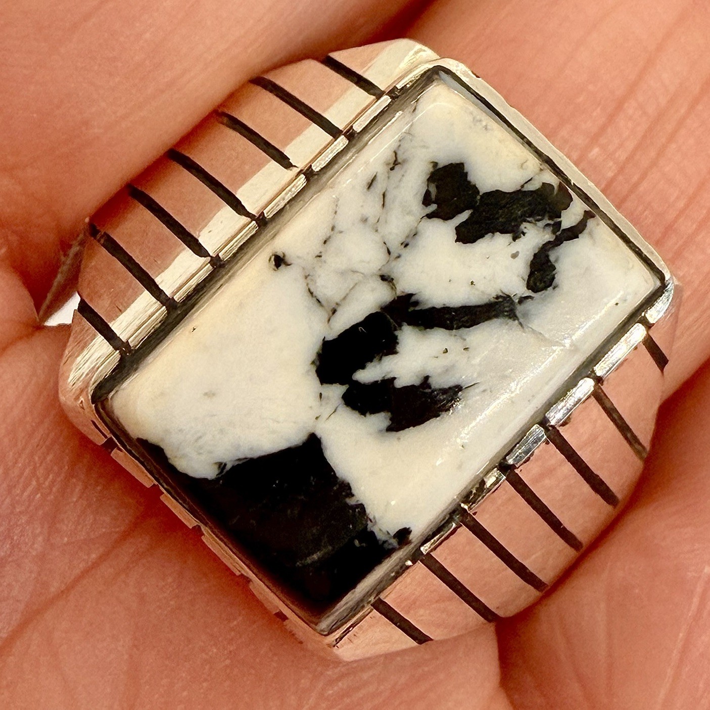 Navajo White Buffalo Turquoise Men’s Ring Size 13 Sterling by Trevor Jack 8.6g